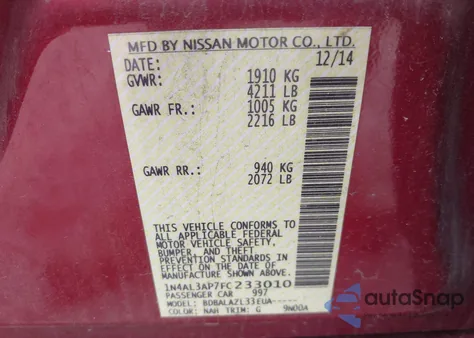 2015 Nissan Altima 2.5 from USA, damaged, VIN 1N4AL3AP7FC233010